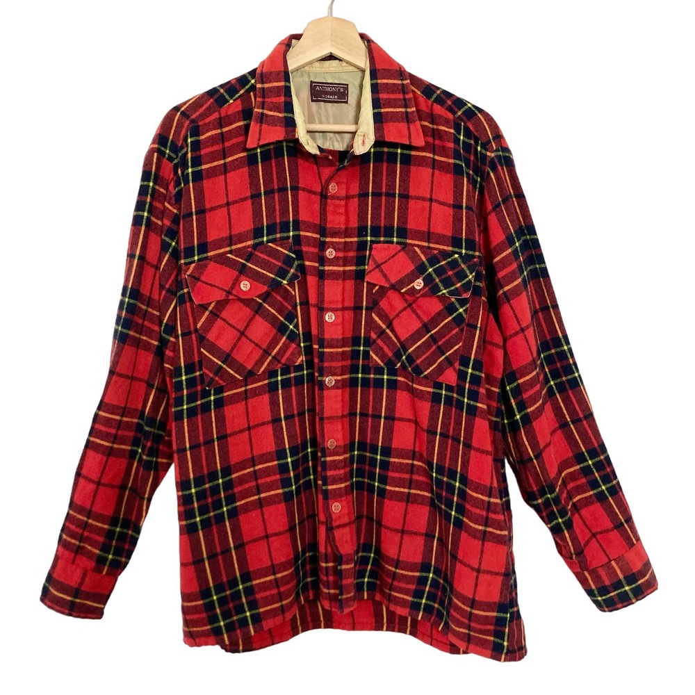 Vintage 70s Red Flannel Plaid Shirt // Size XL‎